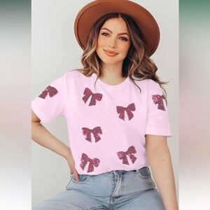 Women's Tee Bow Shirt Shirts Cute Sequin Trendy Pink Ribbon Short Sleeve Size M